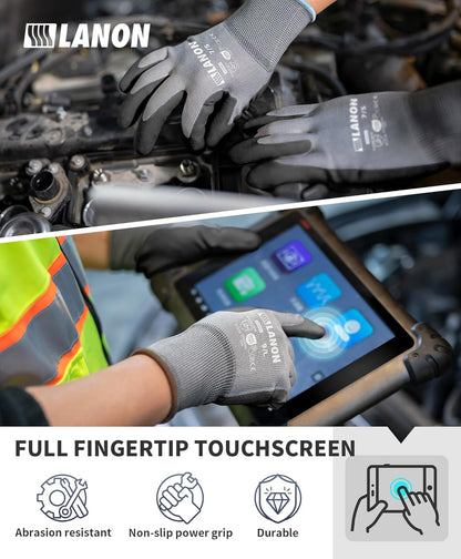 LANON 18 Pairs Safety Work Gloves, Mechanic Working Gloves for Men,Breathable PU Coated, Seamless Knit,Double Wash, Grey, XXL