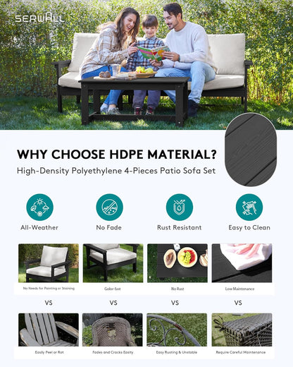 SERWALL HDPE Patio Sofa Set, 4-Piece Sectional Outdoor Furniture Set, All Weather Outdoor Couch Set Patio Furniture Set for Deck, Lawn, Black Frame with Khaki Cushion