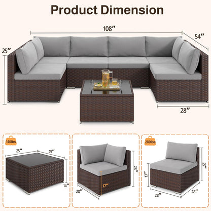 Ahomly 7-Piece Patio Furniture Set, Outdoor Sectional Couch with Water-Resistant Cushions & Coffee Table, PE Rattan Outdoor Patio Sofa Set for Backyard, Deck, Garden, or Porch, Grey