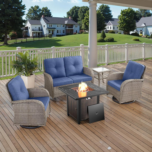 5 Piece Outdoor Patio Furniture Set with 50000 BTU Propane Fire Pit Table, Deep Seating Wicker Swivel Rocker Chairs and Loveseat Glider Patio Conversation Set for Deck Poolside Backyard