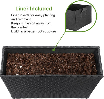 LEWIS&WAYNE Tall Planters for Outdoor Plants Handmade Wicker Large Rectangular Block Planter Box with Removable Liners Modern Planter for Indoor Outdoor Patio Deck - Black