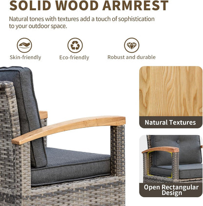 6 Piece Outdoor Patio Furniture Set, Half-Moon Curved Sectional Set with Wood Armrests, Patio Conversation Set, Tempered Glass Coffee & Side Tables (Grey)