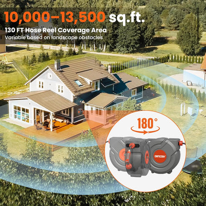 Upgraded Retractable Garden Hose Reels 130 ft X 1/2" PRO Metal Bracket 180° Swivel Any Length Lock Heavy Duty Water Hose Reels Wall Mount 9 Pattern Nozzle Garden Watering