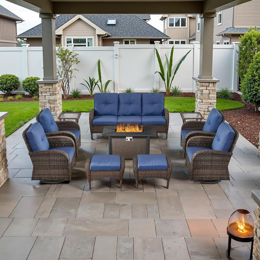 Expansive 10 Pieces Outdoor Patio Furniture Set with 43” Propane Fire Pit Table, Patio Conversation Set with Swivel Rocker Outdoor Chairs Set of 4 and Sofa, Ottoman and Wicker Side Table Brown