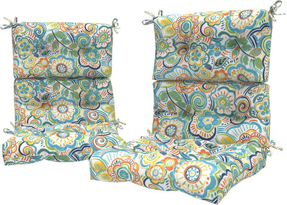 LVTXIII Outdoor Seat/Back Chair Cushion Patio Tufted High Back Cushion, Seasonal Replacement Rocking Chair Cushion with Ties (22” W x 20D”, Set of 2, Flower Blue)