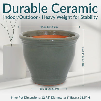 Sunnydaze 15" Large Ceramic Plant Pot - Round Outdoor Glazed Ceramic Planter Pot with Drainage - Gray - Studio