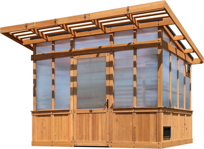 Backyard Discovery Poppy 11' x 7' Cedar Wood and Polycarbonate Walk-In Greenhouse Kit with Exhaust Fan, Windows, Hose Hook-Ups, PowerPort, Staging Shelves, Plant Hooks for Year-Round Outdoor Gardening