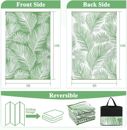 Pauwer Waterproof Outdoor Rug 8x10, Reversible Plastic Straw Patio Camping Rug, Indoor Outdoor RV Mat Carpet for Deck, Camper, Porch, Balcony, Backyard, Picnic, Leaf Green