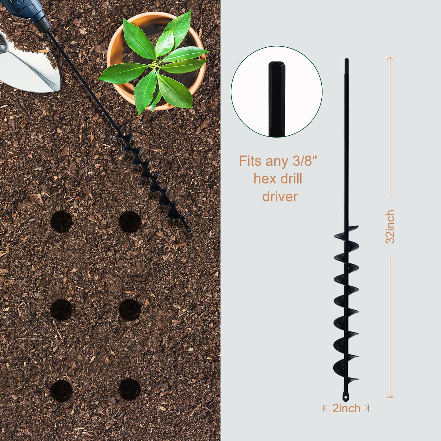 32" x 2" Extended Length Auger Drill Bit for Planting Bulb & Bedding Plant Auger, Garden Plant Auger, No Need to Squat Post Hole Digger for 3/8" Hex Drive Drill, Earth Auger Bulb Planter Tool