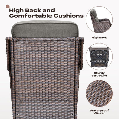 Wicker Outdoor Patio Furniture Set - 5 Piece Patio Conversation Sets with Swivel Rocker Chairs, Ottomans and Side Table, 6 inch Cushions, Waterproof Wicker, for Porch Deck Brown/Grey