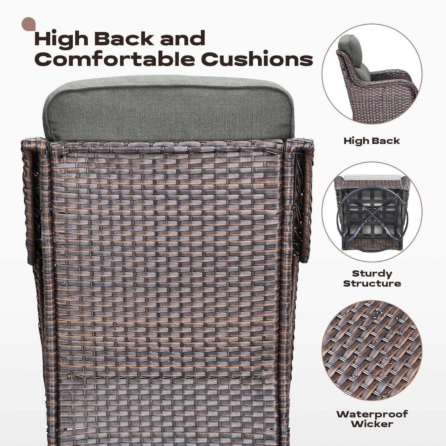 Wicker Outdoor Patio Furniture Set - 6 Piece Patio Conversation Sets with Swivel Rocker Chairs, Ottomans, Sofa and Table, 6 inch Cushions, Deep Seating, for Porch Deck Brown/Grey