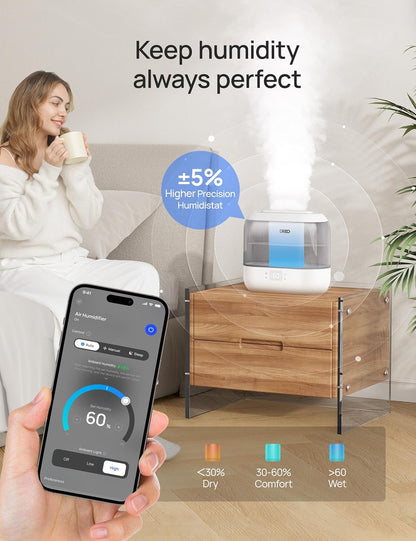 Dreo Smart Humidifiers for Bedroom, Top Fill 4L Cool Mist Humidifier with Nightlight, 36H Runtime, Touch/APP/Voice Control, Quiet Ultrasonic Humidifiers for Large Room, Home, Baby, Plants, Office