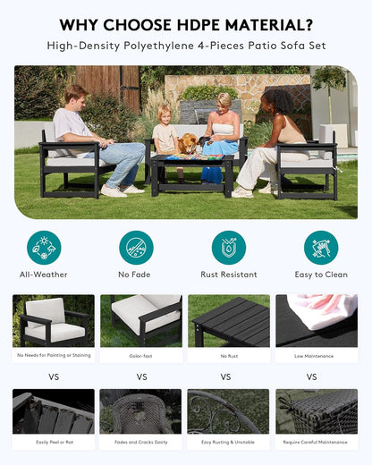 SERWALL 3 Pieces HDPE Outdoor Sofa Set with Cushions, All Weather Use Patio Couch Loveseat Furniture with Coffee Table for Balcony, Deck, Poolside, Black Frame with Khaki Cushions