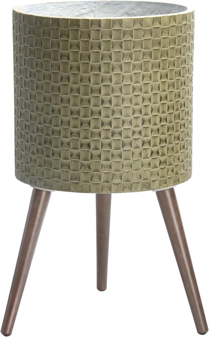 D'vine Dev 14 Inch Modern Geometric Tile Patterned Sleek Planter Pot with Stand, Indoor Outdoor Decorative Plant Holder, Distressed Olive, 88-Z-D-4