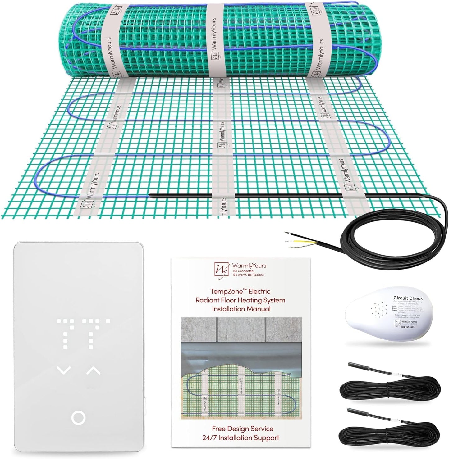 33 Sqft Heated Floor Mat Kit with Radiant Floor Heating System Thermostat UTN5, Two Sensors, Tester, 240V Electric Radiant Floor Heating Mat installs under Bathroom Tile, Vinyl - WarmlyYours TempZone