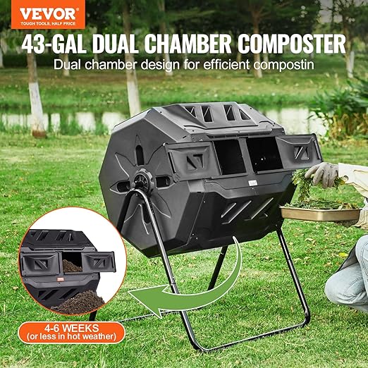 VEVOR Compost Bin, 43-Gal Dual Chamber Composting Tumbler, Large Tumbling Rotating Composter with 2 Sliding Doors and Steel Frame, BPA Free Composter Bin Tumbler for Garden, Kitchen, Yard, Outdoor