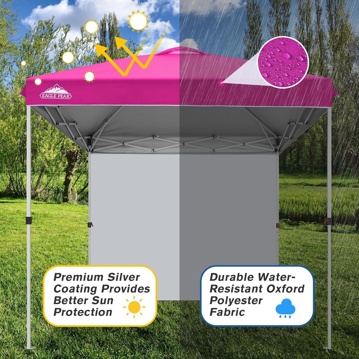 EAGLE PEAK Pop Up Canopy Tent with 1 Sidewall, Easy Setup Event Tent, Outdoor Sun Shade, Wheeled Carry Bag, Stakes and Guy Ropes, Instant Canopy 8x8, Pink