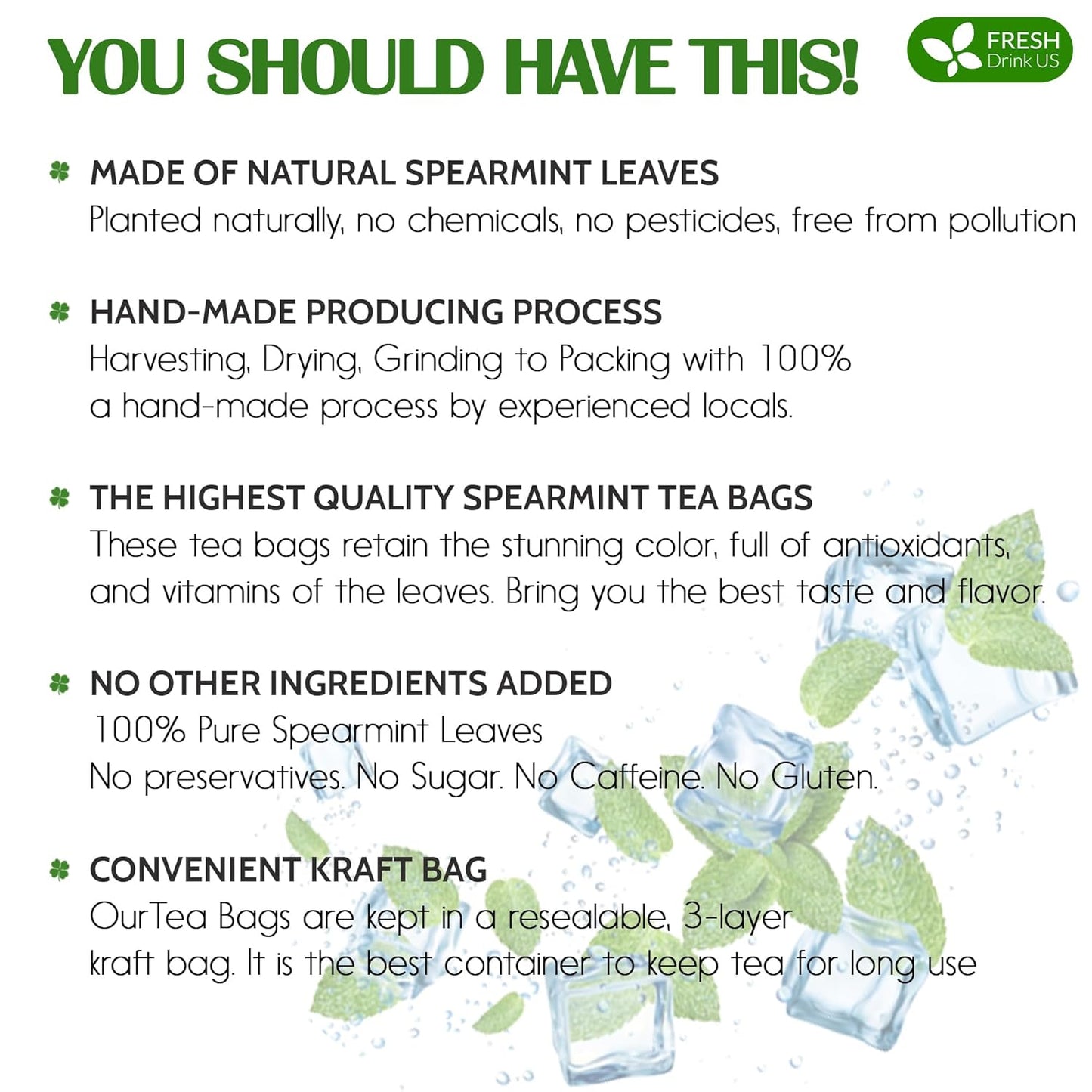 FreshDrinkUS, Premium 120 Spearmint Tea Bags, 100% Natural & Pure from Spearmint Leaves. Loose Leaf Spearmint Herbal Tea. Made with Natural Material Tea Bags. No Sugar, No Caffeine, No Gluten, Vegan.