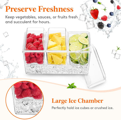 Lifewit 2 Pack Ice Chilled Condiment Caddy with 3 Containers(2.5 cup), Condiment Server with Separate Lids, Serving Tray Platter for Bar Accessories, Fruit, Salad, Taco, Party Garnish