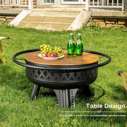 32 Inch Outdoor Fire Pit with Grill, Wood Burning Firepit for Outside with Lid/Fire Poker, Metal Round Fire Pit Table for Patio Backyard Garden Bonfire Party