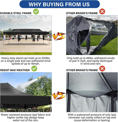 COBIZI 10x30 Pop up Canopy Heavy Duty Without Sidewalls, Easy Set-up Commercial Outdoor Party, 100% Waterproof Wedding Canopy Gazebo, 3 Height Adjustable with Wheeled Bag, Black