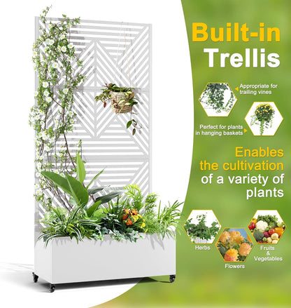 FENCY Metal Raised Garden Bed with Wheels and Trellis,73"x35"x16" Planter Box for Climbing Plants, Vegetables & Vines, Features Privacy Screen and Drainage Holes (White-Modern)