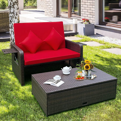 Tangkula Patio Rattan Daybed, Patiojoy Wicker Loveseat Sofa w/Multipurpose Ottoman & Retractable Side Tray, 4-Level Adjustable Backrest, Footstool w/Storage, Seat & Back Cushion Included