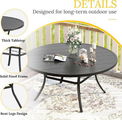 VICLLAX 60" Outdoor Round Patio Table for Lawn Garden, All Weather Metal Round Patio Dining Table with Adjustable Umbrella Hole, Outdoor Table for 8-10 Person, Black Tabletop