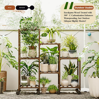 Bamworld Plant Stand with Wheels for Indoor Plants Wood Outdoor Tiered Shelf 3 Tire 7 Potted Ladder Plant Holder Table Pot Stand for Window Garden Balcony Patio Living Room (natureDL)