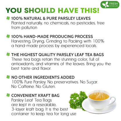 FreshDrinkUS, Premium 15 Parsley Leaf Tea Bags, 100% Natural & Pure from Parsley Leaves. Loose Leaf Parsley Herbal Tea. Made with Natural Material Tea Bags. No Sugar, No Caffeine, No Gluten, Vegan.