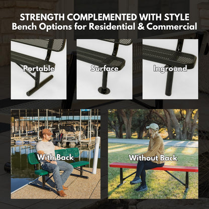 Coated Outdoor Furniture Heavy-Duty Outdoor Bench Thermoplastic Coated, Expanded Metal, Commercial-Grade Seating, Made in America (Inground Without Back, 8 Ft, Textured Red)