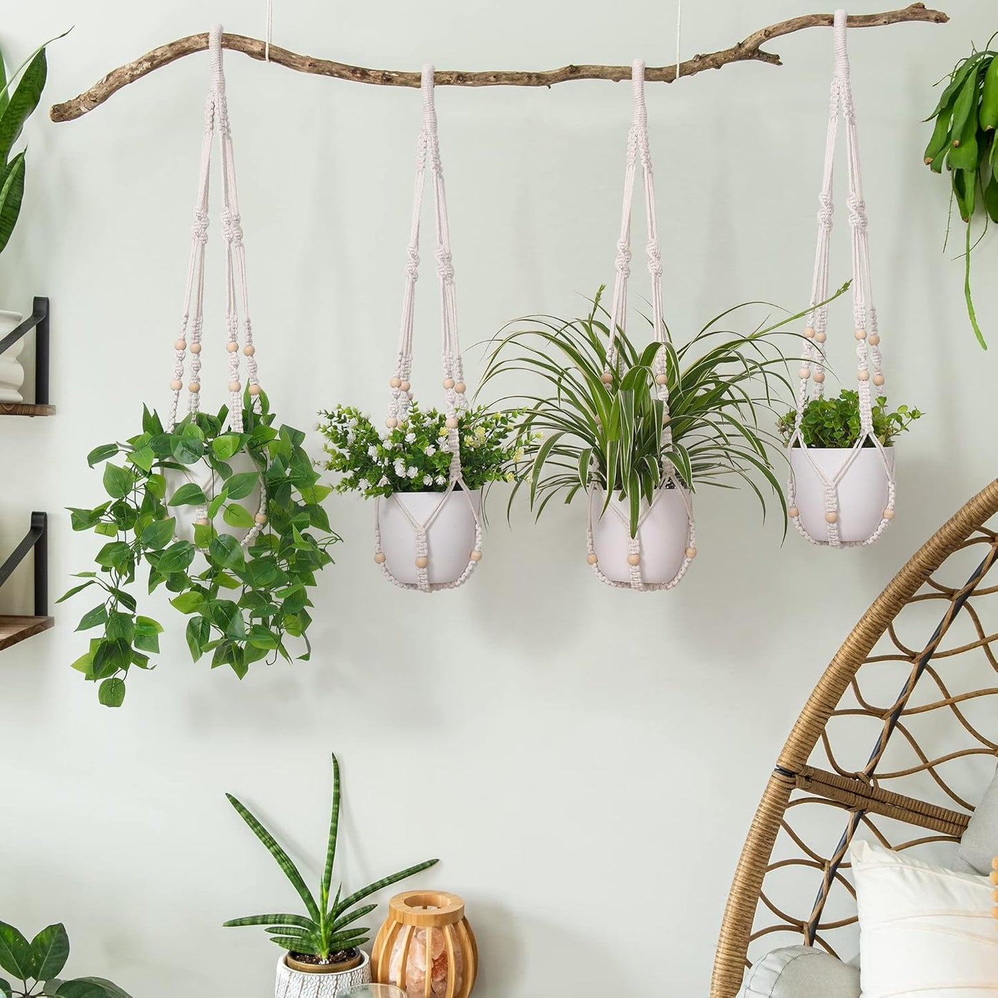 YIBOT 2 Pack Macrame Plant Hanger Indoor Hanging Planter Basket with Wood Beads Decorative Flower Pot Holder No Tassels for Indoor Outdoor Boho Home Decor-35 Inch