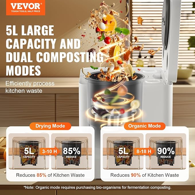 VEVOR Electric Composter for Kitchen, 5L Large Smart Countertop Compost Bin Indoor, Odorless Quiet Electric Kitchen Food Recycler with Upgraded Motor/Auto-Cleaning/2 Composting Modes/Safe Child Lock