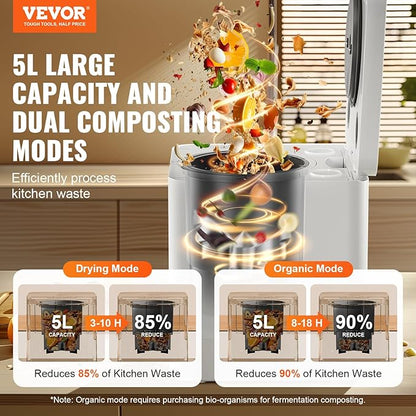 VEVOR Electric Composter for Kitchen, 5L Large Smart Countertop Compost Bin Indoor, Odorless Quiet Electric Kitchen Food Recycler with Upgraded Motor/Auto-Cleaning/2 Composting Modes/Safe Child Lock
