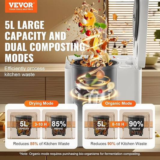 VEVOR Electric Composter for Kitchen, 5L Large Smart Countertop Compost Bin Indoor, Odorless Quiet Electric Kitchen Food Recycler with Upgraded Motor/Auto-Cleaning/2 Composting Modes/Safe Child Lock