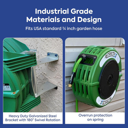 Macnaught Retractable Garden Hose Reel, 82 Ft Water Hose Reel Heavy Duty Retractable Hose with Metal 180° Swivel Rotation Bracket for Wall Mount - Green