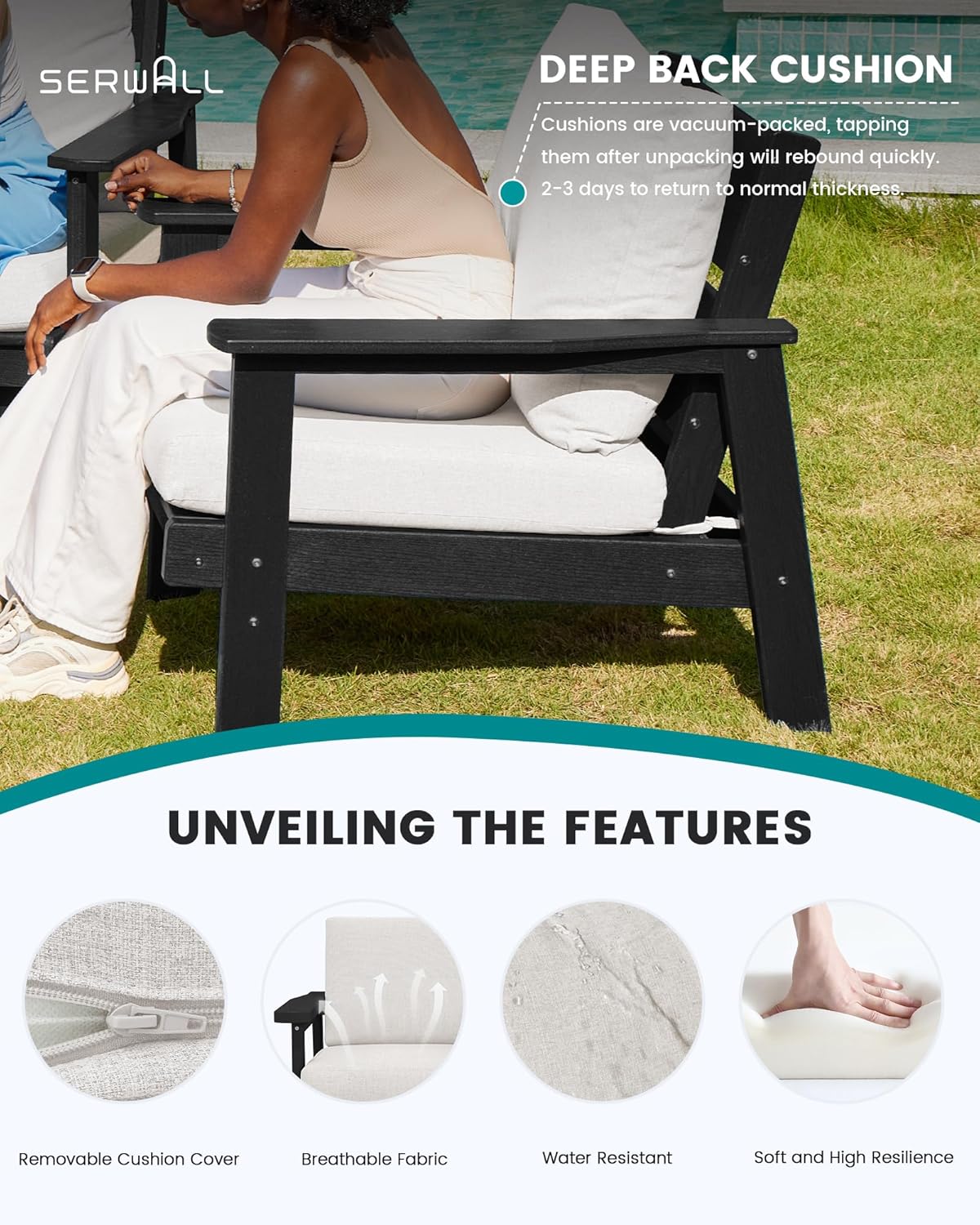 SERWALL HDPE Outdoor Couch Set of 2, All-Weather Wood-Like Outdoor Patio Furniture Set, Black Outdoor Sofa Chairs with Khaki Cushions