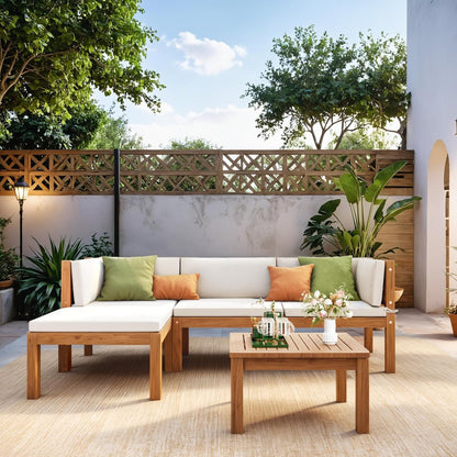 Devoko 5 Pieces Acacia Wood Outdoor Sectional Sofa Set with Coffee Table, Outdoor L-Shaped Couch with All-Weather Cushion for Patio