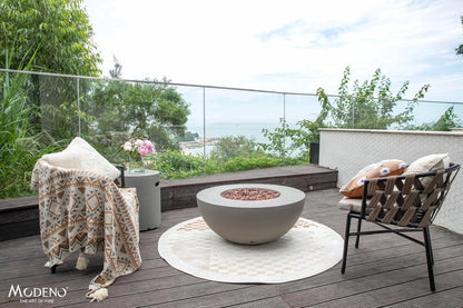AMS Fireplace | Modeno Roca Package | Light Gray Natural Gas Fire Pit Table for Outdoor Patio Bundle with Wind Guard and SS Burner Lid | Free Rubber Mat & Ice Bucket