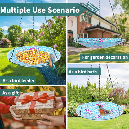 VCUTEKA Hanging Bird Bath, Glass Mosaic Bird Baths for Outdoors Birdfeeder with 21 inch Rust-Proof Chain for Garden Yard Decor, Flower