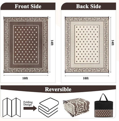 Pauwer Waterproof Outdoor Rug 10x14, Reversible Plastic Straw Patio Camping Rug, Indoor Outdoor RV Mat Carpet for Deck, Camper, Porch, Balcony, Backyard, Picnic, Bordered Brown