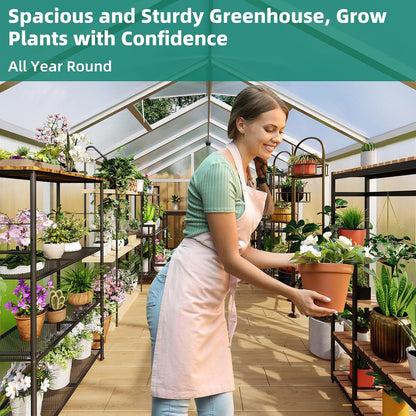 8x12 FT Greenhouse, Large Aluminum Greenhouses for Outdoors, Heavy Duty Polycarbonate Greenhouse with Roof Vent, Walk-in Green Houses for Winter Garden, Backyard, Patio, Lawn, Easy Assembly