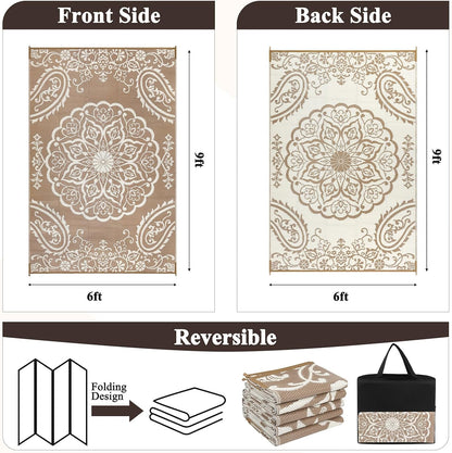 Pauwer Waterproof Outdoor Rug 6x9, Reversible Plastic Straw Patio Camping Rug, Indoor Outdoor RV Mat Carpet for Deck, Camper, Porch, Balcony, Backyard, Picnic, Boho Brown