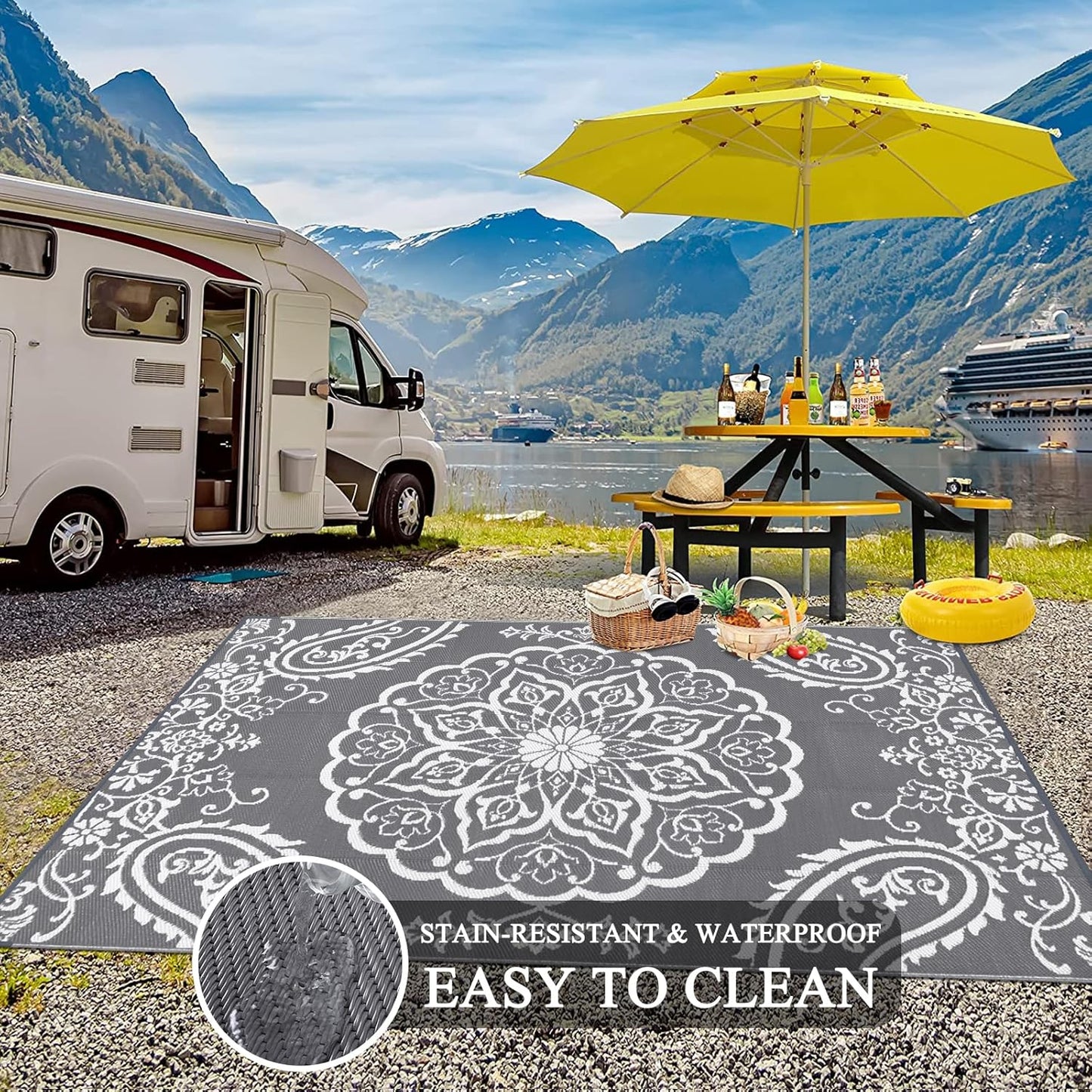 Pauwer Waterproof Outdoor Rug 9x12, Reversible Plastic Straw Patio Camping Rug, Indoor Outdoor RV Mat Carpet for Deck, Camper, Porch, Balcony, Backyard, Picnic, Boho Grey