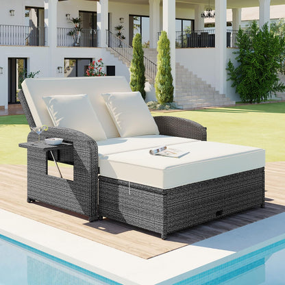 43.7” Patio Rattan Daybed Set, PE Wicker Rattan Double Chaise Lounge, 3-Level Adjustable Back and Cushions, Free Furniture Protection Cover, White