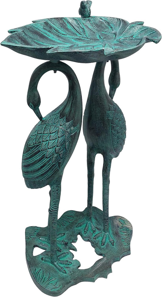 Oakland Living 5608-GBK Cast Aluminum 30-in Twin Crane Black Patina Bird Bath with Leaf Bowl Birdbath