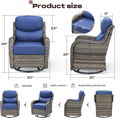 Outdoor Patio Swivel Rocker Chairs Set of 2, Waterproof Wicker, High Back, Deep Seating, Wide Armrest, Upgraded 6 inch Thick Cushions, Ideal for Deck Porch Backyard, Mixed Grey/Blue