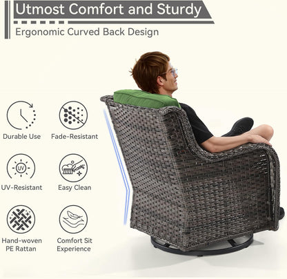 5 Pieces Outdoor Patio Furniture Set - Conversation Set Includes Wicker Swivel Rocker Chairs Set of 2, 2 Ottoman, 3 Seat Sofa, Suitable for Porch, Yard, Mixed Brown Rattan, Green