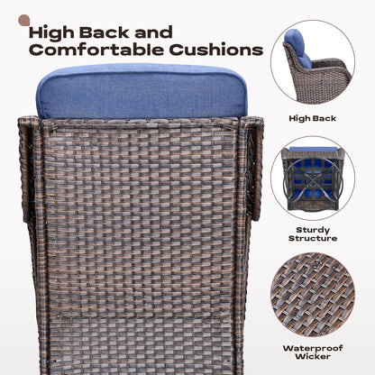 Wicker Outdoor Patio Furniture Set - 6 Piece Patio Conversation Sets with Swivel Rocker Chairs, Ottomans, Sofa and Table, 6 inch Cushions, Deep Seating, for Porch Deck Brown/Blue