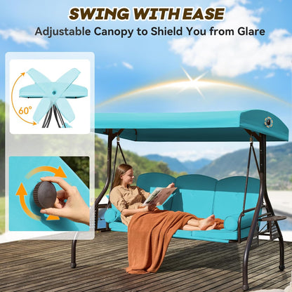 3 in 1 Patio Swing with Adjustable Canopy for Adults, 3 Seat Outdoor Swing with Thickened Cushions,Pillows & Cup Holders for Backyard, Porch, Garden (Lake Blue)